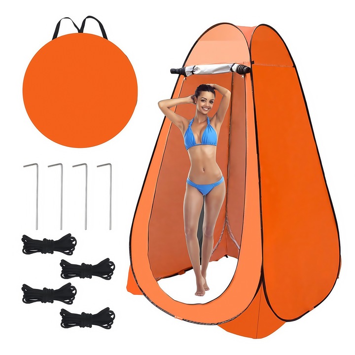 Преносима сгъваема палатка за душ и тоалетна, Wacorresi, палатка за душ, безопасна и силно устойчива на вятър, включваща пирон за земя, ветроустойчива, чанта за съхранение, пирон за под, сгъваема съблекалня с UV защита, 120X120X190 см, оранжева