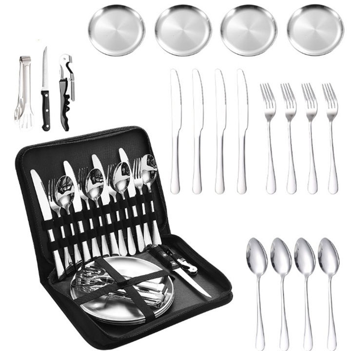 Set de tacamuri de camping, 20 de piese, otel inoxidabil, argintiu, pentru 4 persoane, cu geanta de transport, Q-1