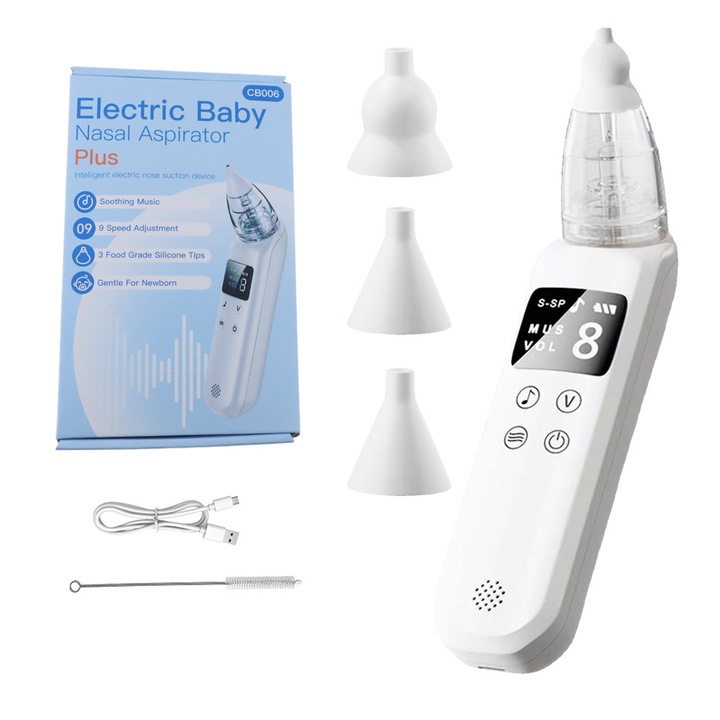 Aspirator nazal electric, pentru Bebelusi si Copii, 9 Trepte de Aspirare, Varf Silicon Non-Toxic, Portabil, cu Incarcare USB, cu Baterie reincarcabila 1000mAh, Alb