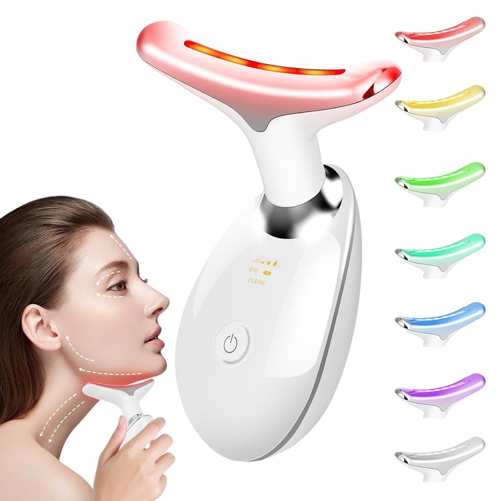 Масажор за лице и шия, против бръчки, повдигане на контура, за двойна брадичка, 7 режима на светлина, вибрация, презареждащ се и преносим, за стягане, против стареене, идеален за лице и шия, бял