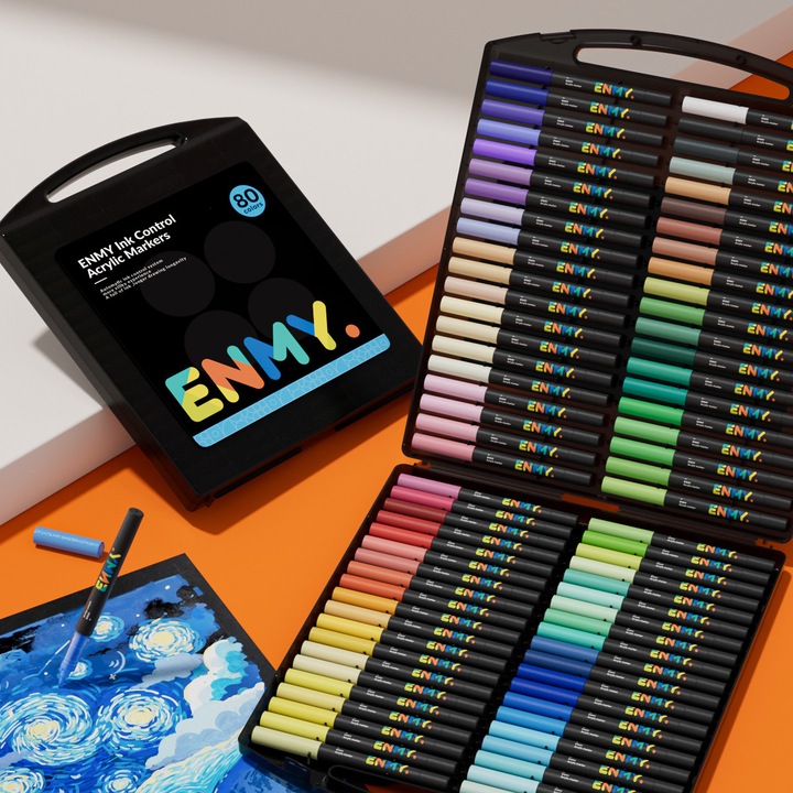 ENMY professzionális akril marker készlet – Prémium folyékony akrilfesték, átlátszatlan és tartós színek, vékony hegy papírra, fára, vászonra, üvegre, kerámiára, textíliára – Ideális művészeknek és barkács projektekhez, marker, filctollak, 80 darabos