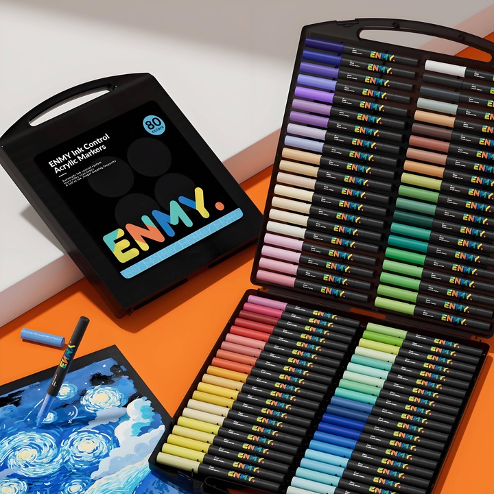 ENMY Комплект от 80 акрилни маркера, Четков връх, Директен поток на мастилото, Подходящи за хартия, дърво, текстил, камък, стъкло, керамика, За аниме илюстрации и DIY изкуство
