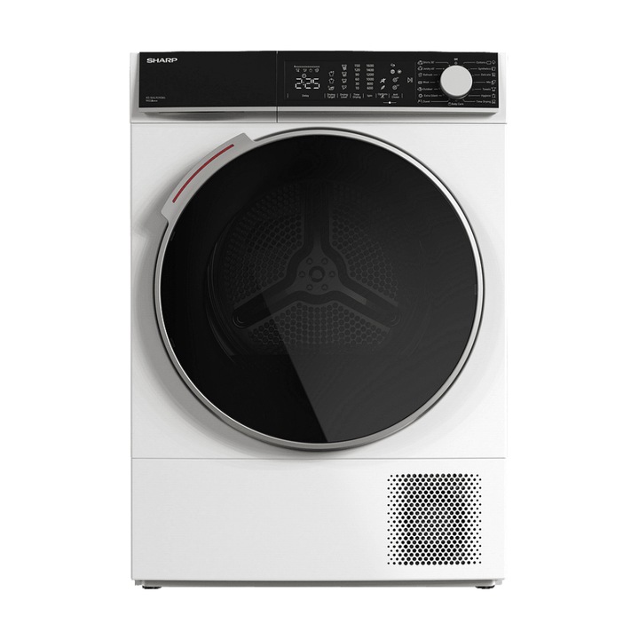 Uscator de rufe Sharp KD-NHL9S9GW4, Pompa de caldura, Motor inverter, Bubble drum, Control tactil LED, 9 kg, 15 programe, Clasa A+++, Alb