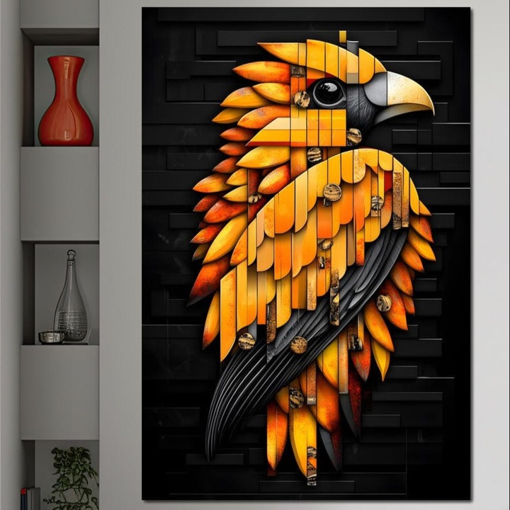 Tablou Canvas Premium, LuxCanva® M1073, Mecanismul Aripilor de Foc, 60 X 90 CM, Panza Bumbac 100% 400g/m2, Sasiu Lemn, Pasare, Geometrie, Mecanism, Urban, Phoenix, Foc, Metalic, Abstract, Birou, Living, Camera Copil