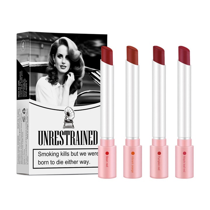 4 matt rúzsból álló készlet, 4 szín, bársonyos textúra, vízálló, elegáns dizájn