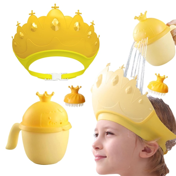 Комплект от 3 предпазни шапки за бебета, SINBINTA, С чаша за изплакване на бебешки шампоан, Масажен гребен, Дизайн против рефлукс, Регулируема, Защита за очи и уши, За къпане, Силикон/Пластмаса, 18 x 28.7см, Жълт