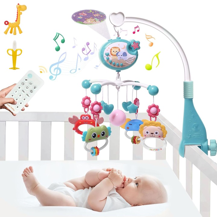 Carusel muzical pentru patut bebe, SINBINTA, Cu jucarii dentitie, telecomanda, 5 jucarii detasabile, Proiectie Imagine, Lumina de Veghe, 400x cantecele de Leagan, Setare Timer, +0 luni, Plastic, 45 x 54cm, Multicolor