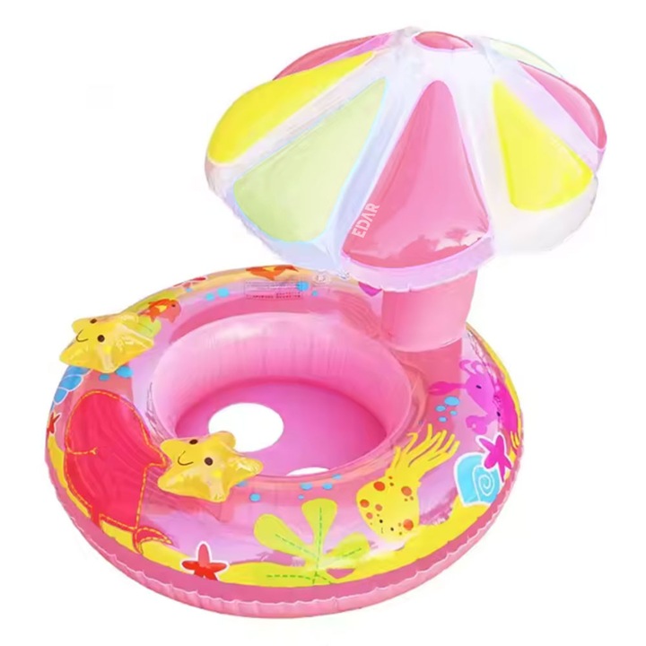 Плувен пояс EDAR с покрив тип чадър за деца/бебета, надуваем, осигурява стабилност, защитна опора, винил, диаметър 70 см x височина 80 см, розов/многоцветен