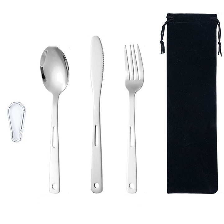 Set 4 Tacamuri Camping, Zggzerg, cu carabina Outdoor, Durabil si Rezistent la Rugina, Mic si Portabil, Usor de Curatat, Cu Lingura, Furculita si Cutit, Geanta de Depozitare, Pentru Calatorie, Iesirile in Aer Liber sau Drumetii, Inox, 7.2 x2.5cm, Argint