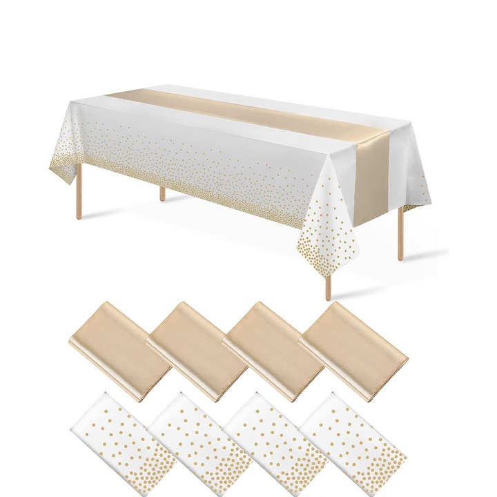 Комплект от 8 покривки за маса, Axroad Mall, Водоустойчиви, Лесни за почистване, Многофункционални, Екологични и нетоксични, Противоопасни за петна, Повишена защита на масата, PEVA, 137*274/30*274 см, Бял / Златист цвят