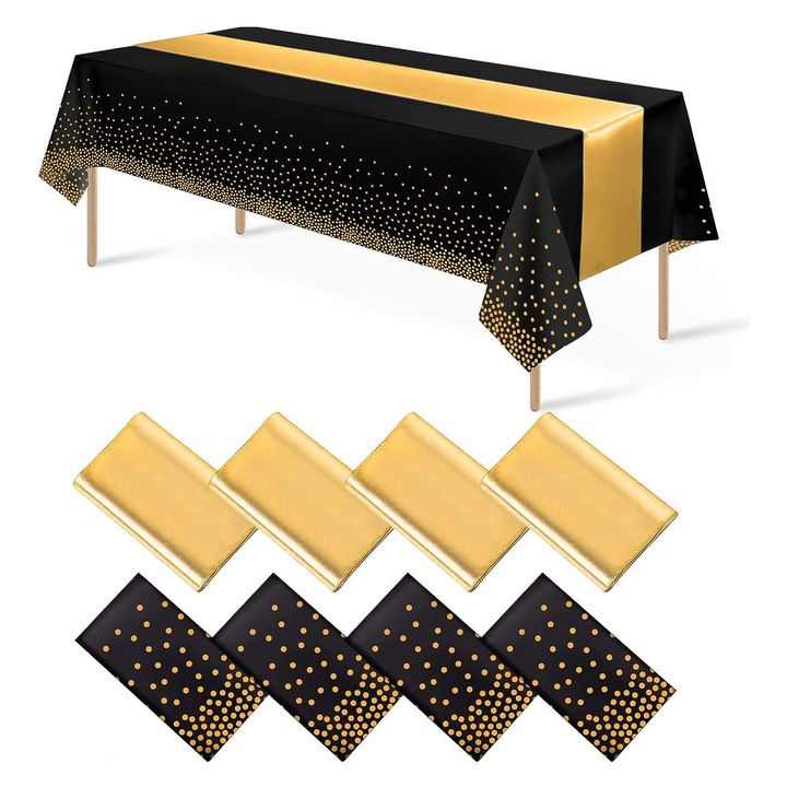 Set 8 fata de masa, Axroad Mall, Impermeabila, Usor de curatat, Multifunctional, Ecologic si non-toxic, Anti-pete, Protectie sporita a mesei, Pentru petreceri, nunti, botezuri, decoratiuni, PEVA, 137*274/30*274cm, Aur/ Negru