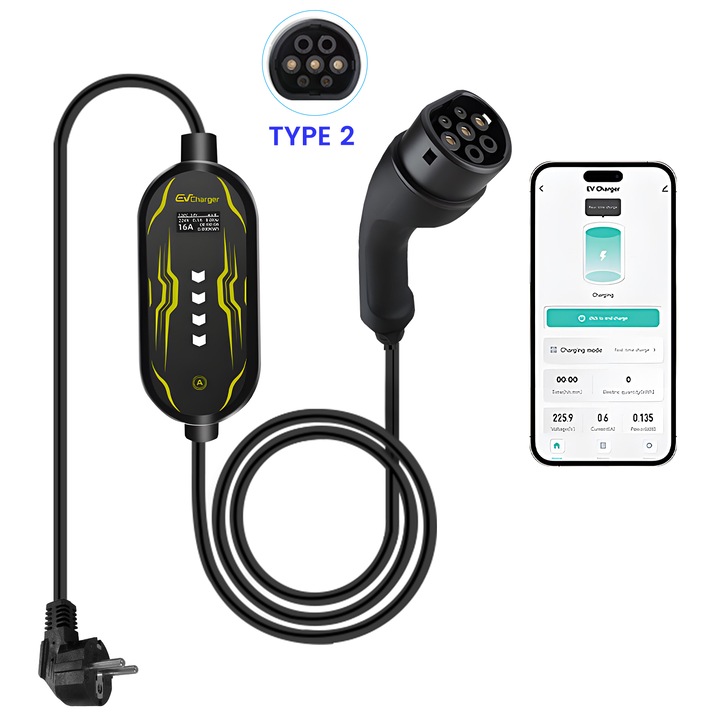 Statie de incarcare portabila pentru masini electrice, tip 2, AWESAFE, 3,6 kW, curent reglabil (6A / 8A / 10A / 13A / 16A), monofazata, suporta