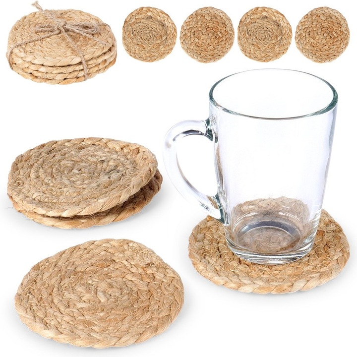 Pohártartó Szett, Otthoni Stílus Kollekció, 4 Darab, 10 cm, Puha Jutából Készült, Kerek, Ökológiai, Tartós, Natúr Bézs