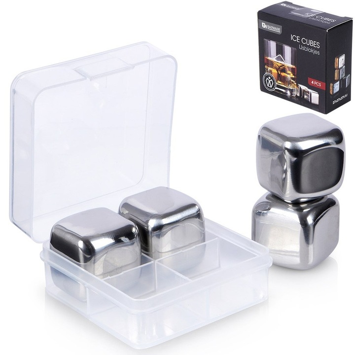 Rozsdamentes acél jégkocka készlet, kiváló háztartási cikk, 4 darabos, 2,5x2,5x6x6,5x3 cm, a legjobb minőségű rozsdamentes acélból készült, újrafelhasználható, mosogatógépben mosható, italok díszítő eleme, ezüst