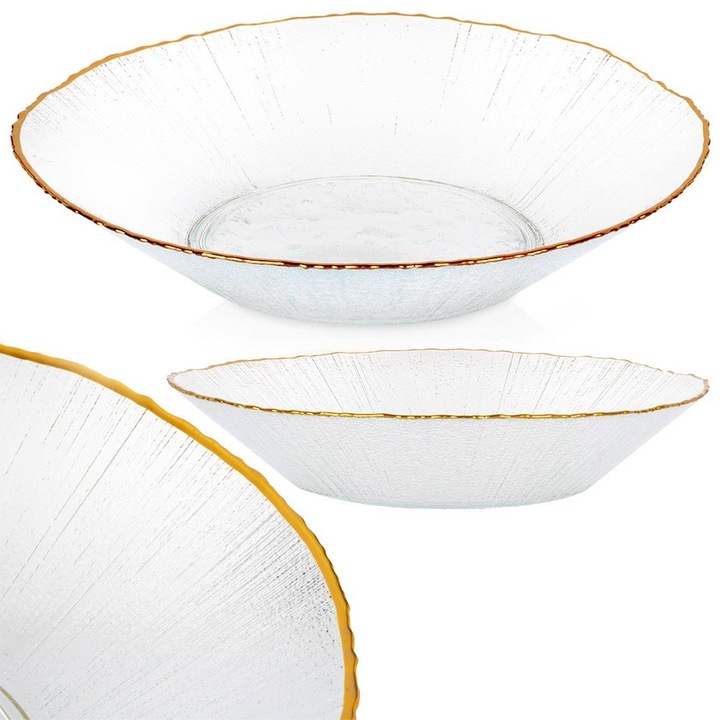 Bol De Salata, Vilde, 500 ml, 20.5x20.5x4 cm, Sticla, Forma Neregulata, Margine Aurie, Usor De Curatat, Alb/Auriu