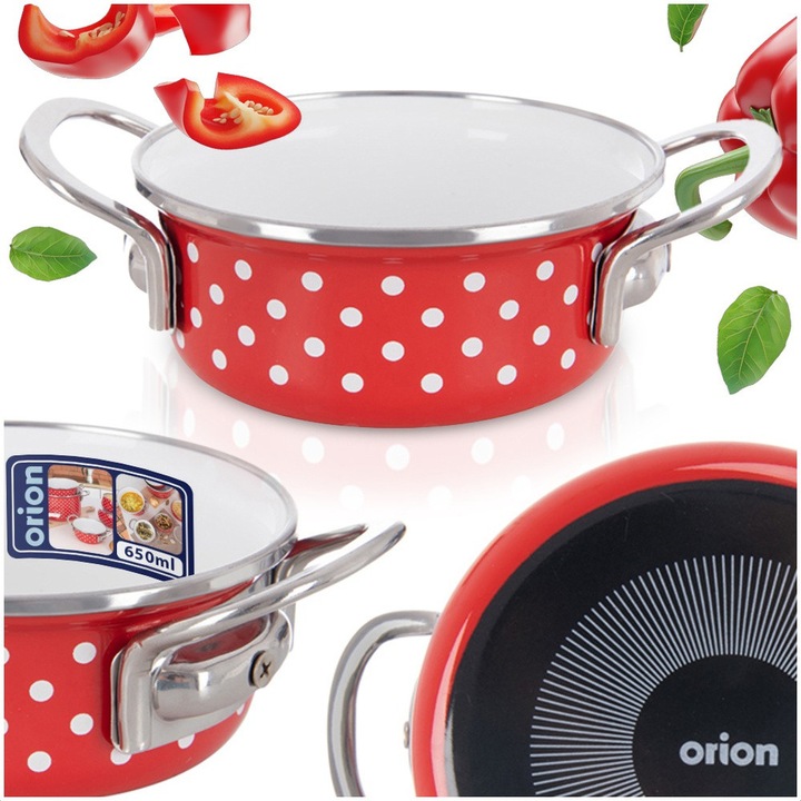 Емайлирана тенджера, Orion, Tecka, 650 мл, 19.5x14x6 см, Изработена от емайлирана стомана, Подходяща за съдомиялна машина, Съвместима с всички котлони и фурни, Удобни дръжки, Червена