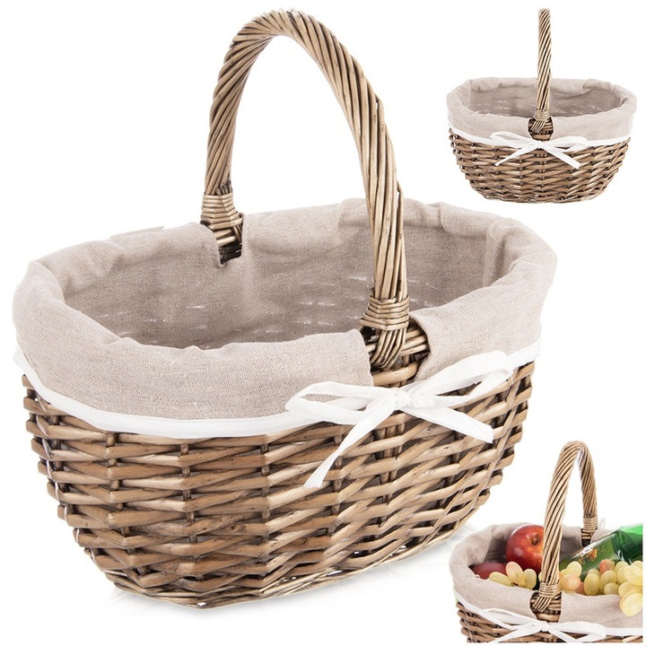 Кошница за пикник, Orion, 32.5x24x32 см, Ръчно изработена от естествена ракита, Хастар от 60% памук, 40% полиестер, Сваляща се и може да се пере, Може да се използва като кошница за гъби, Универсална употреба, Бежова