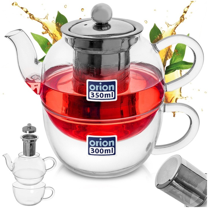Teáskanna készlet csészével, Orion, T-Time, 2 elem, 300+350 ml, 17x10x14x13x10,5x6 cm, üveg, acél szűrő, 180°C-ig hőálló, mosogatógépben mosható, átlátszó