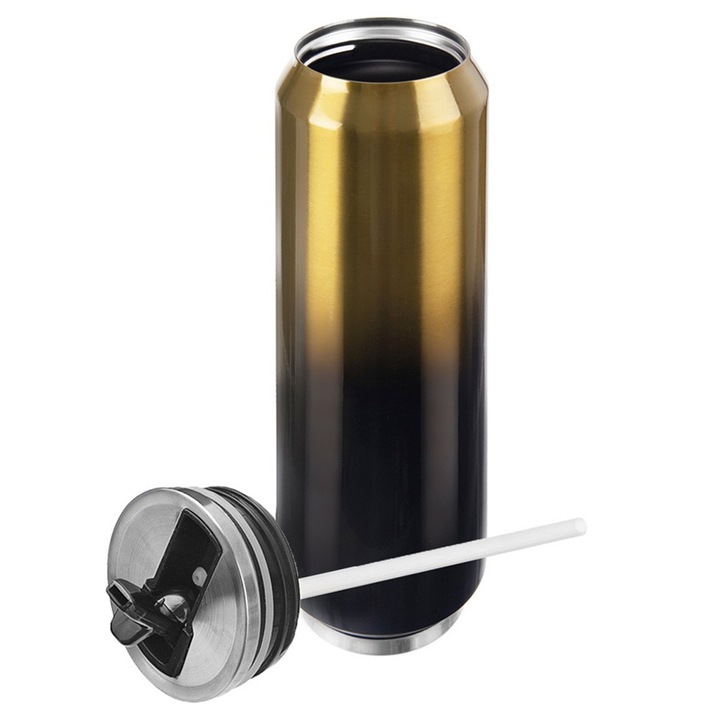 Set Termos Cu Pai, Orion, Capacitate 700 ml, 7.5x21 cm, Fabricat Din Otel Inoxidabil, Izolatie Vid, Inchidere Etansa, Negru/Auriu