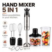Mixer Vertical 5 in 1, SeveShop®, Mixer Cu Putere 1200W, Blender Vertical Profesional Cu 12 Trepte De Viteza, Blender Vertical Multifunctional Pentru Macinare, Pasare, Amestecare, Tocare Si Mixare Oua, Design Ergonomic Cu Accesorii Incluse, Negru