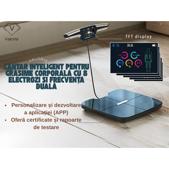Cantar corporal inteligent Valoria PRO cu body scan, 8 electrozi, analiza compozitiei corporale, 51 indicatori: grasime, muschi, apa, os, BMR, BMI, segmental, ecran TFT 3.5", WiFi & Bluetooth, baterie 800mAh, mod copii, aplicatie iOS Android
