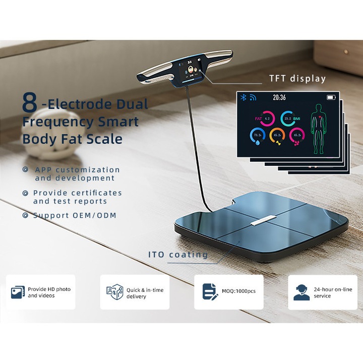 Умна везна за тяло Valoria PRO с телесно сканиране, 8 електрода, анализ на телесния състав, 51 показателя: мазнини, мускули, вода, кости, BMR, BMI, сегментен, 3.5" TFT екран, WiFi и Bluetooth, батерия 800mAh, детски режим, приложение за iOS и Android