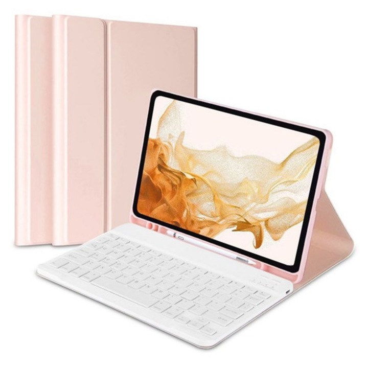 Gigapack tabletvédő álló, bőr hatású, flip, bluetooth billentyűzet, asztali tartó, qwerty, angol nyelvű, rózsaszín, kompatibilis: Samsung Galaxy Tab A8 10.5 LTE, 2021, SM-X205 / Galaxy Tab A8 10.5 WIFI, 2021, SM-X200