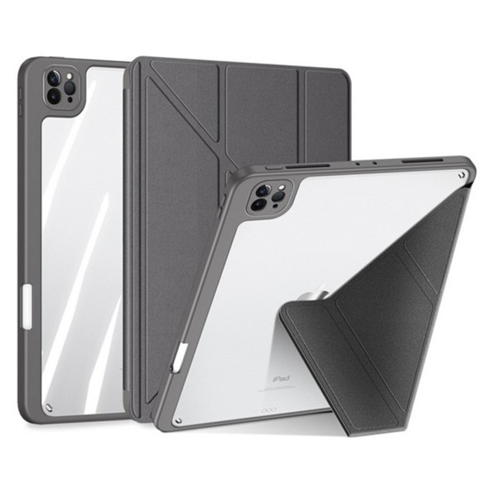 Dux ducis magi origami tabletvédő álló, bőr hatású, aktív flip, oldalra nyíló, trifold, asztali tartó, ceruza tartó, szürke, kompatibilis: Apple IPAD Air 11, 2025, / IPAD Pro 11, 2022, / IPAD Air 11, 2024