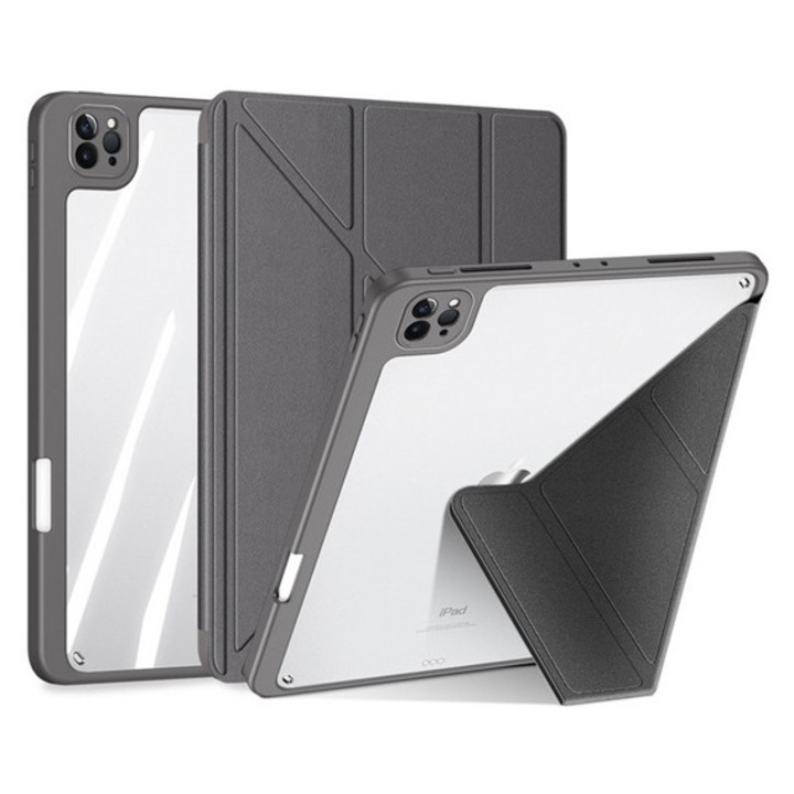 Dux ducis magi origami tabletvédő álló, bőr hatású, aktív flip, oldalra nyíló, trifold, asztali tartó, ceruza tartó, szürke, kompatibilis: Apple IPAD Air 13, 2025, / IPAD Air 13, 2024, / IPAD Pro 12.9, 2022