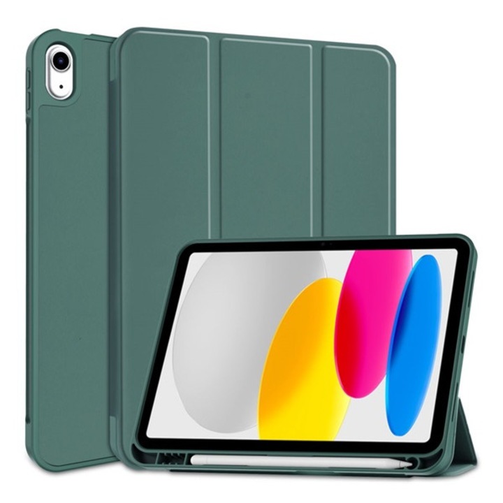 Gigapack tabletvédő álló, bőr hatású, aktív flip, oldalra nyíló, trifold, asztali tartó, ceruza tartó, sötétzöld, kompatibilis: Apple IPAD 11, 2025, / IPAD 10.9, 2022