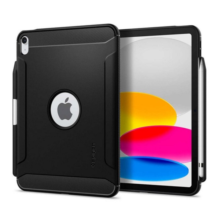 Spigen rugged armor szilikon tabletvédő, ütésállóság, légpárnás sarok, karbon minta, ceruza tartó, fekete, kompatibilis: Apple IPAD 11, 2025, / IPAD 10.9, 2022