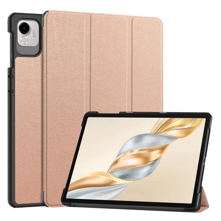 Gigapack tabletvédő álló, bőr hatású, aktív flip, oldalra nyíló, trifold, asztali tartó, rozéarany, kompatibilis: Honor Pad X9a