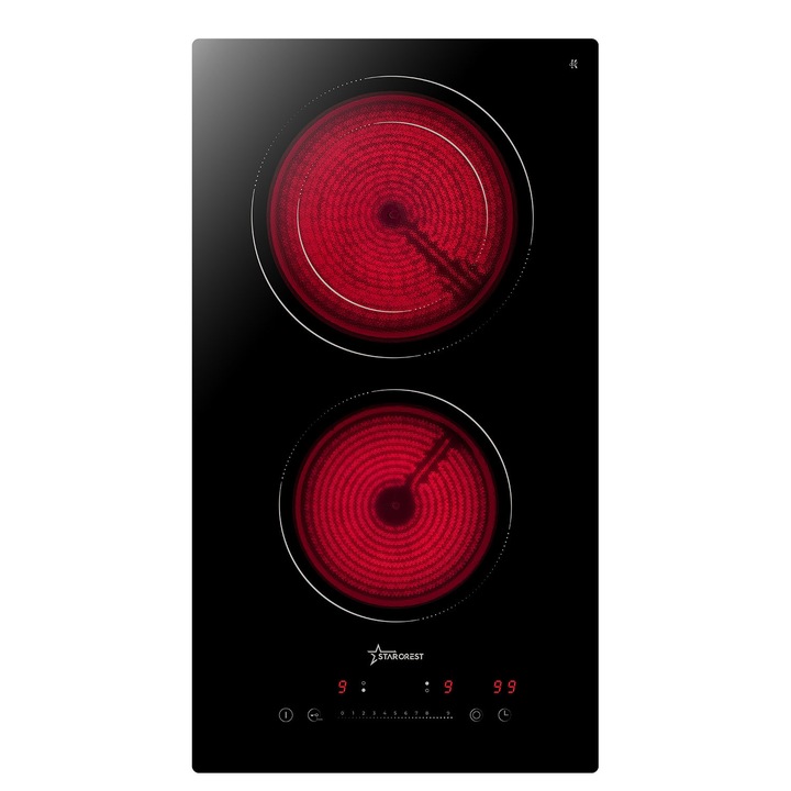 Вграден котлон STARCREST SEH-30P2, стъклокерамичен, 2 зони за готвене, 9 нива на мощност, 3200 W, плъзгащо се сензорно управление, таймер, черно стъкло