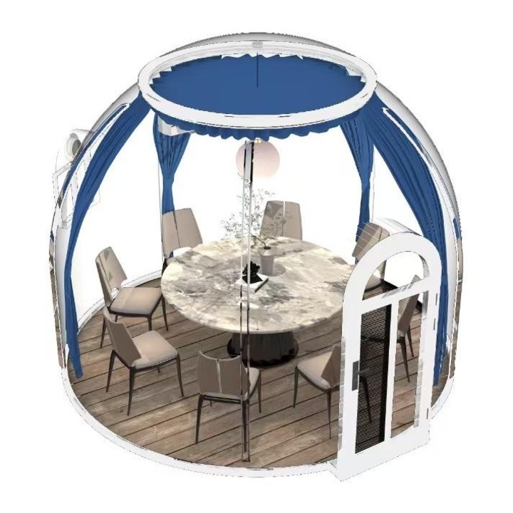 Casuta tip cupola DacEnergy©, realizata din policarbonat si aliaj aluminiu alb, banda luminoasa cu LED-uri, sistem de ventilare, plasa insecte, 3, 6 x 2, 8 m, draperie albastra