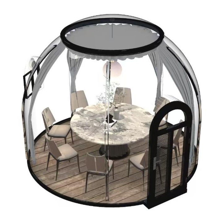 Casuta tip cupola DacEnergy©, realizata din policarbonat si aliaj aluminiu negru, banda luminoasa cu LED-uri, sistem de ventilare, plasa insecte, 3, 6 x 2, 8 m, draperie gri