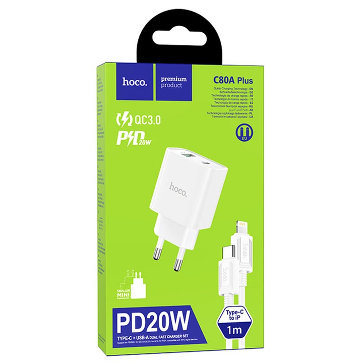 Hoco hálózati töltő (C80A Plus) + Lightning kábel, 20W, 5V, 3.1A, 1xUSB-C, 1xUSB-A, PD, QC 3.0, fehér