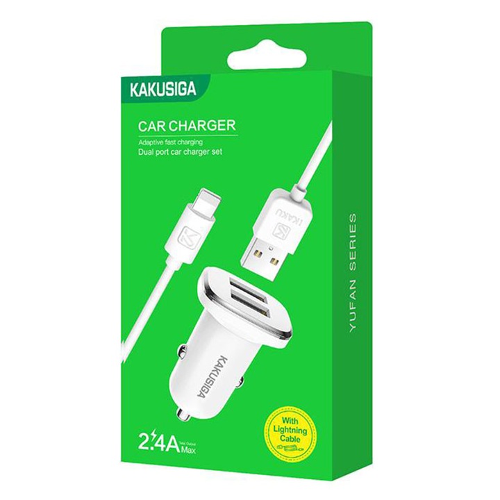 Kaku autós töltő (KSC-318) + Lightning kábel, 18W, 2.4A, 2xUSB-A, QC 3.0, fehér