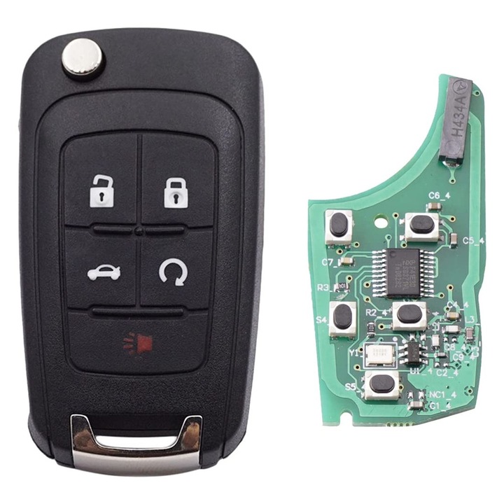 Programozható teljes autókulcs, kompatibilis a Chevrolet Captiva, Cruze, Malibu és Opel Antara modellekkel, 4+1 gombbal, 433MHz frekvenciával, ID46 chippel, intelligens kulccsal, akkumulátorral és elektronikával