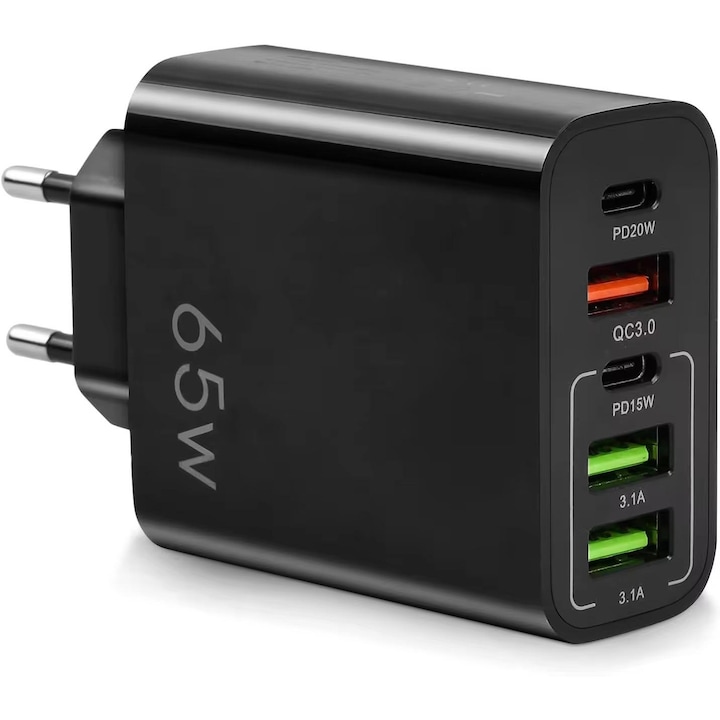 Incarcator retea Alfkary 65W Fast Charge, 3 x USB, 2 x Type-C, Universal, compatibil cu iPhone, Samsung, Huawei, iPad si alte device-uri, Negru