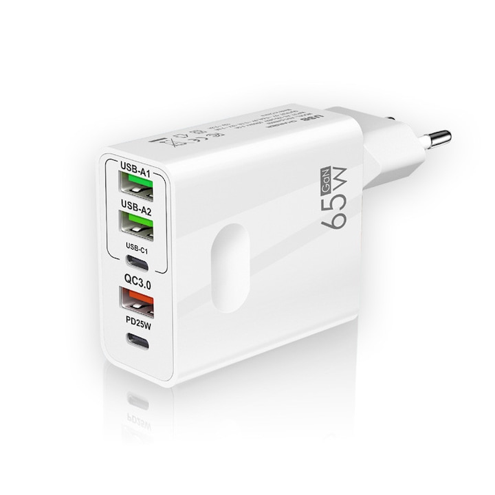 Hálózati töltő, 5 port, 65W, szupergyors töltés, laptop és telefon töltés, 2xUSB-A, USB-C, PD, QC3.0, GaN, kompatibilis Xiaomi, iPhone, Samsung, Huawei készülékekkel, fehér