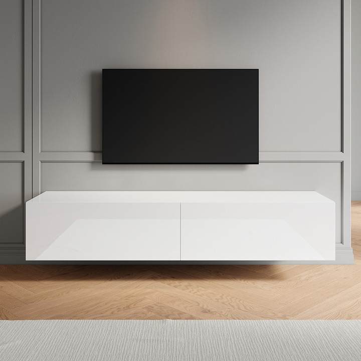 Comoda TV, Montat pe perete, cu 2 usi cu deschidere in jos, alb, 160 x 40 x 30 cm