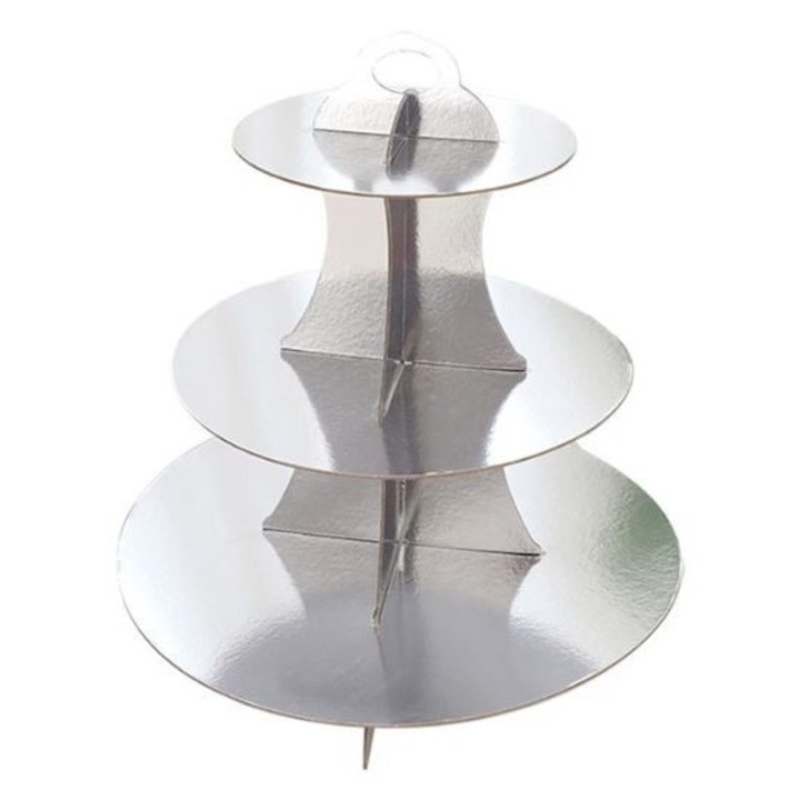 Suport etajat 3 niveluri CARODIS, din carton, design argintiu, pentru prajituri si candy bar