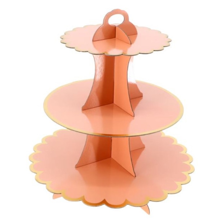 Suport etajat 3 niveluri CARODIS, din carton, design portocaliu cu margini aurii, pentru prajituri si candy bar