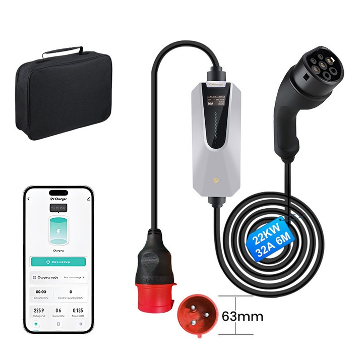 Cablu de Incarcare Tip 2 pentru Masini Electrice – 22 kW, 32A, 3 Faze, 6m, Control prin APP, IP65 Rezistent la Apa, Incarcare Rapida