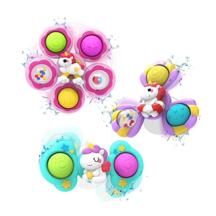 Set 3 piese ，Jucarii interactive bebelusi, ideala pentru joaca, baie, calatorit, luat masa, dezvoltarea abilitatilor motrice, atentiei, spinner cu ventuza