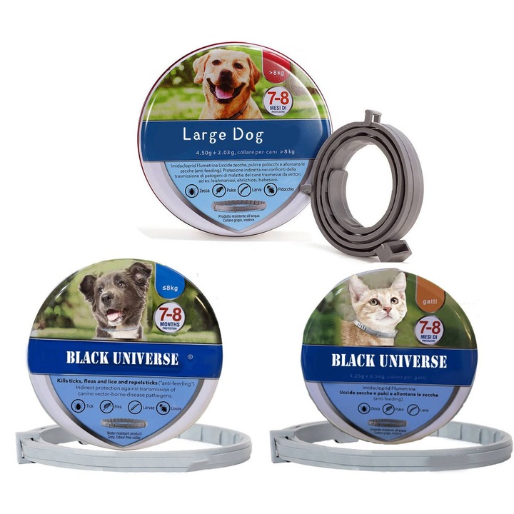 Zgarda pentru animale de companie, 7-8 luni protectie impotriva puricilor si capuselor, caine mare 70cm, caine mic si pisoi 38cm, 3pcs, S3