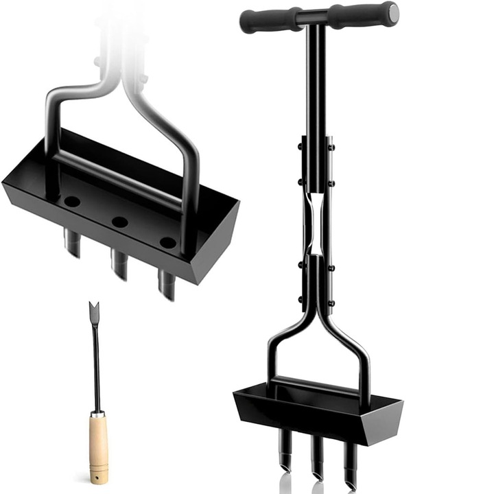 Ръчен аератор за тревни площи, WALALLA, кух дизайн против запушване, с кутия за събиране на почва и градински инструменти, височина 96 см, черен