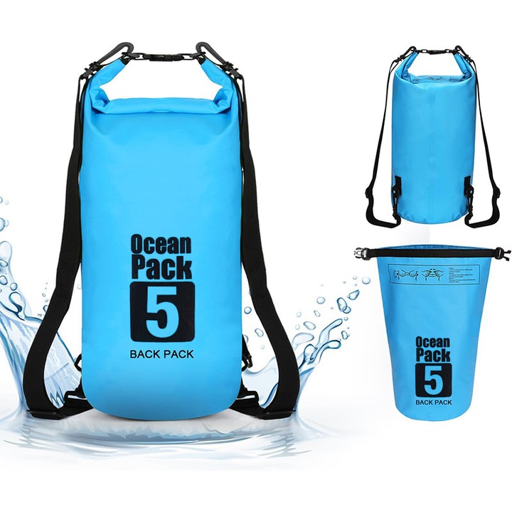 Drybag hátizsák, PVC, 5L kapacitás, Könnyen használható, Kék, túrázás, Backcountry/Rafting/Úszás/Kültéri turizmus