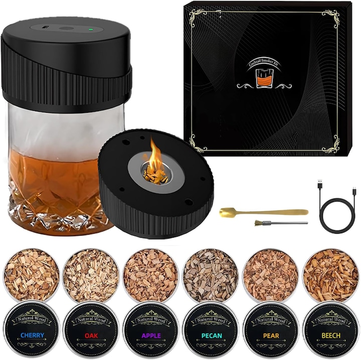 Set electric de fum pentru whiskey, WALALLA, aschii de lemn cu 6 arome si perie de curatare, pulverizator portabil de fum, reincarcabil, nu necesita butan, potrivit pentru cafea, whisky si cocktailuri