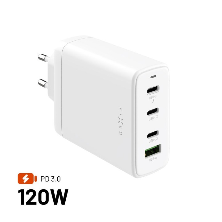 Incarcator de priza FIXED 120W GaN, 3xUSB-C, 1xUSB-A, alb, compact, 63x30x116mm